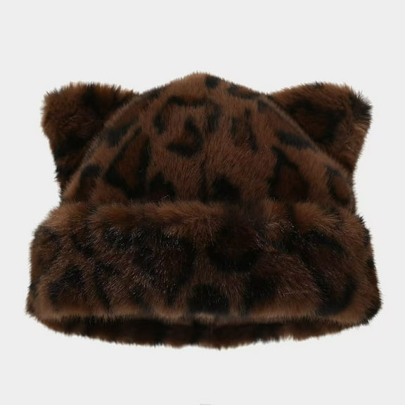 Women's Fluffy Leopard Print Beanie Cap Winter Warm Faux Fur Cat Ears Hat