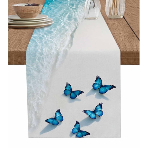 Hokiten Table Runners 36 Inches Long Dress Scarves, Blue Butterfly Coastal Farmhouse Kitchen/Dining Table Runner, Short Coffee Tablerunners, Summer Beach Ocean Nautical 13x36 Inch
