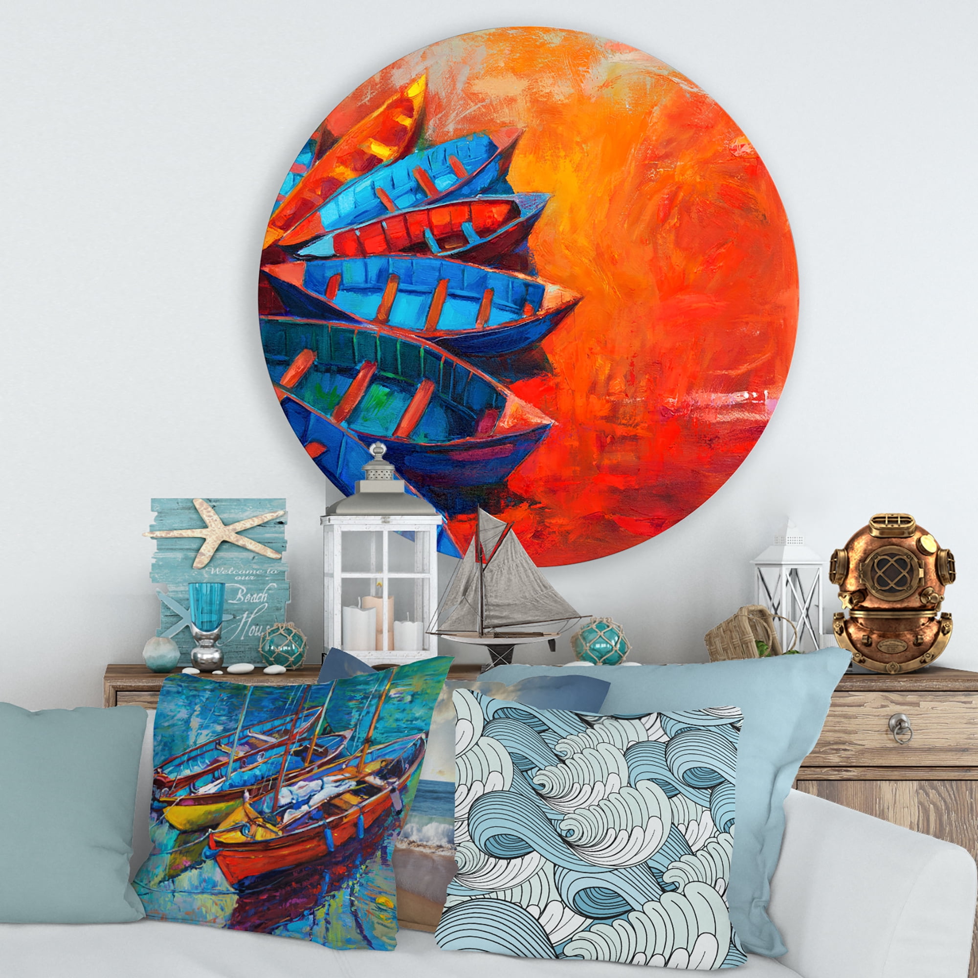 Designart 'Boats During Warm Sunset Resting On The Water V' Nautical & Coastal Circle Metal Wall Art 36x36 - Disc of 36
