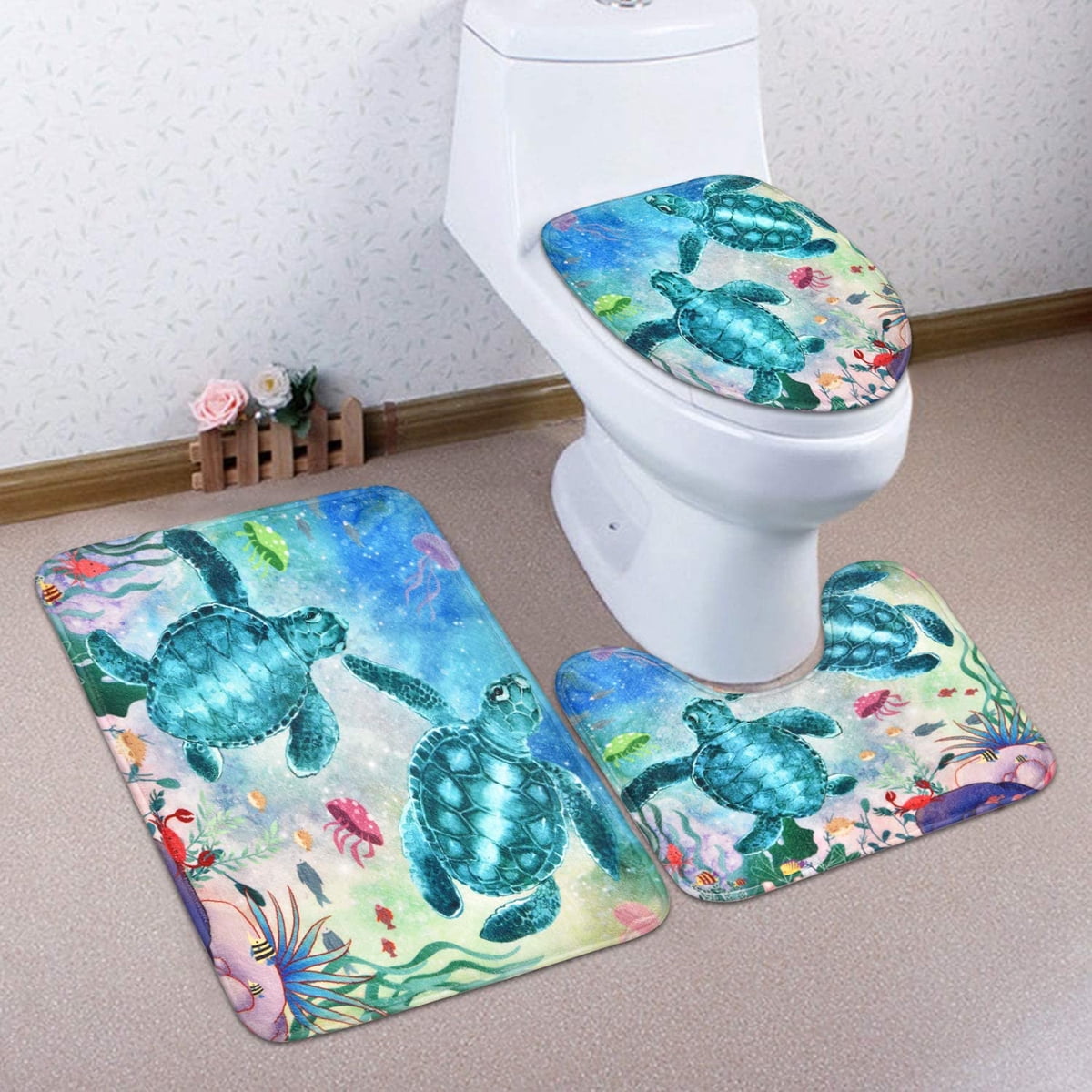 Blue Sea Turtle Shower Curtain 12 Hooks Bathroom Mat Toilet Cover Rug Decor Set 