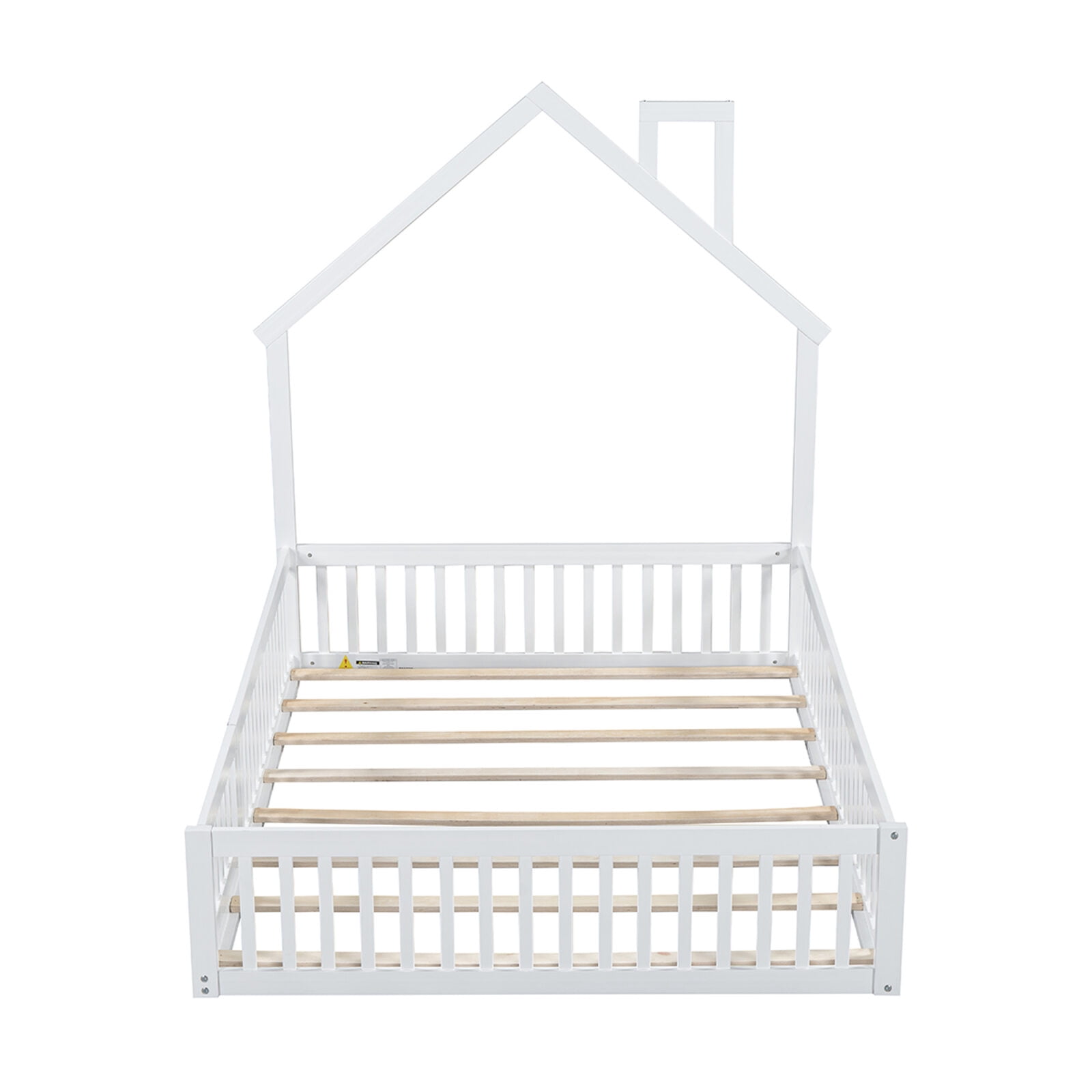 Full Size Floor Bed with Door and Slats,Montessori Floor Bed with Safety Guardrails,House Platform Bed for Girls and Boys,White