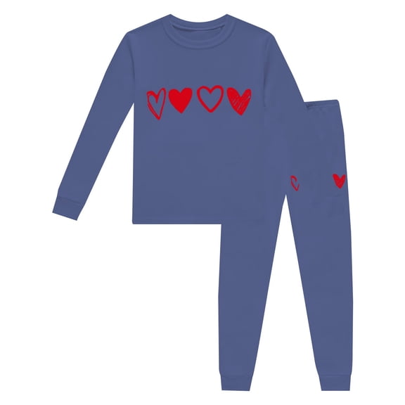 CPNG Boys Girls Home Clothing Nightwear Set Heart Print Long Sleeve Crewneck T Shirt and Pants 2 Pcs Outfits Set(Light Blue,6-7 Years)