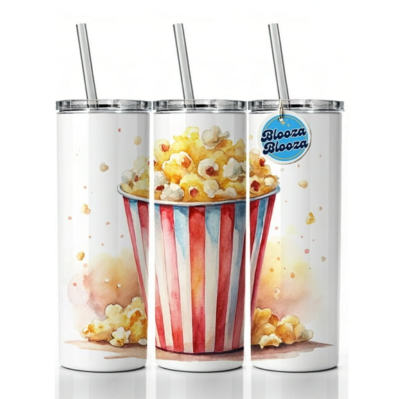 Movie Theater Popcorn Bucket Watercolor 20oz Insulated Water Bottle Skinny Tumbler Includes Straw