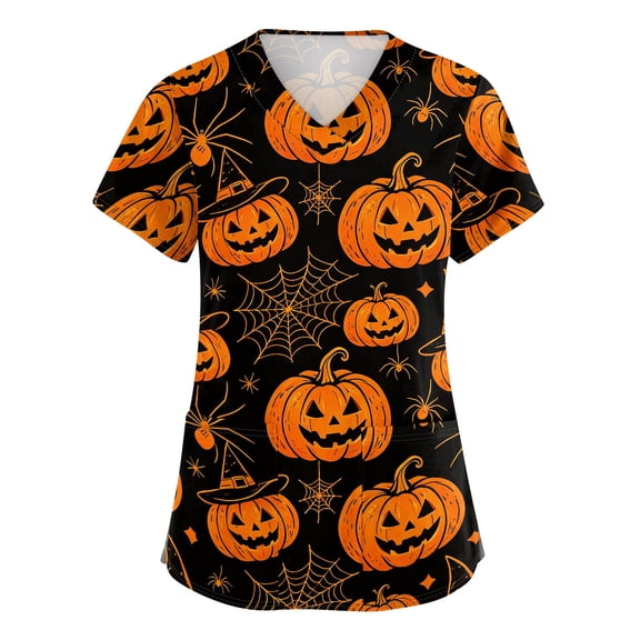 Womens Halloween Scrub Tops V Neck Horror Halloween Ghost Pumpkin Printed Funny Scrubs Spooky Short Sleeve Scrub Shirts Nursing Uniform Medical Nurse Workwear with Pockets,5XL