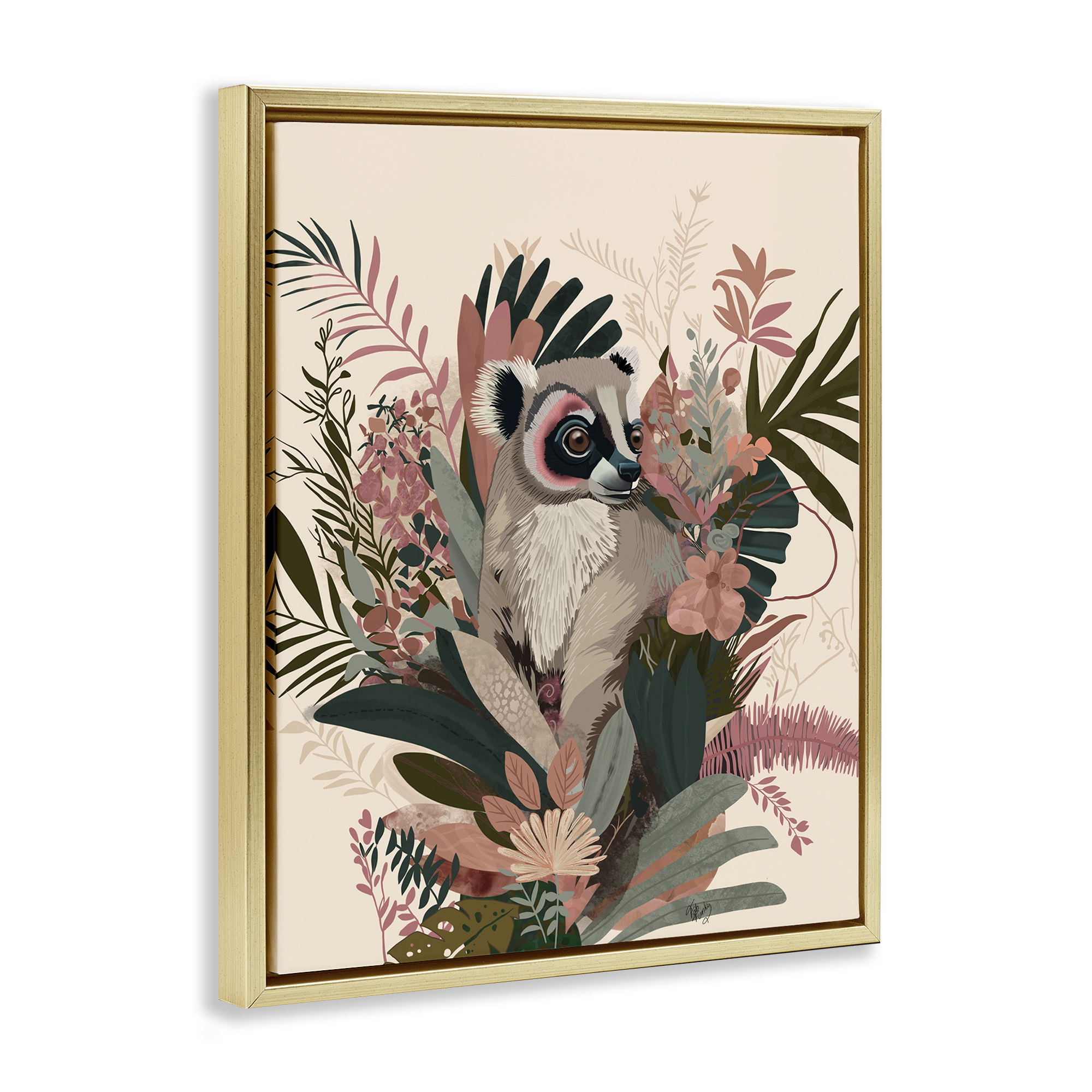 Stupell Industries Lemur with Hibiscus Plants Animals & Insects Painting Gold Floater Framed Canvas Art Print Wall Art, 17 x 21