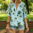 thumbnail image 5 of Womens Tops Casual Deep V Neck Linen T Shirts Floral Print Loose Comfy Short Sleeve Everyday Beach Tops Light Blue M, 5 of 9