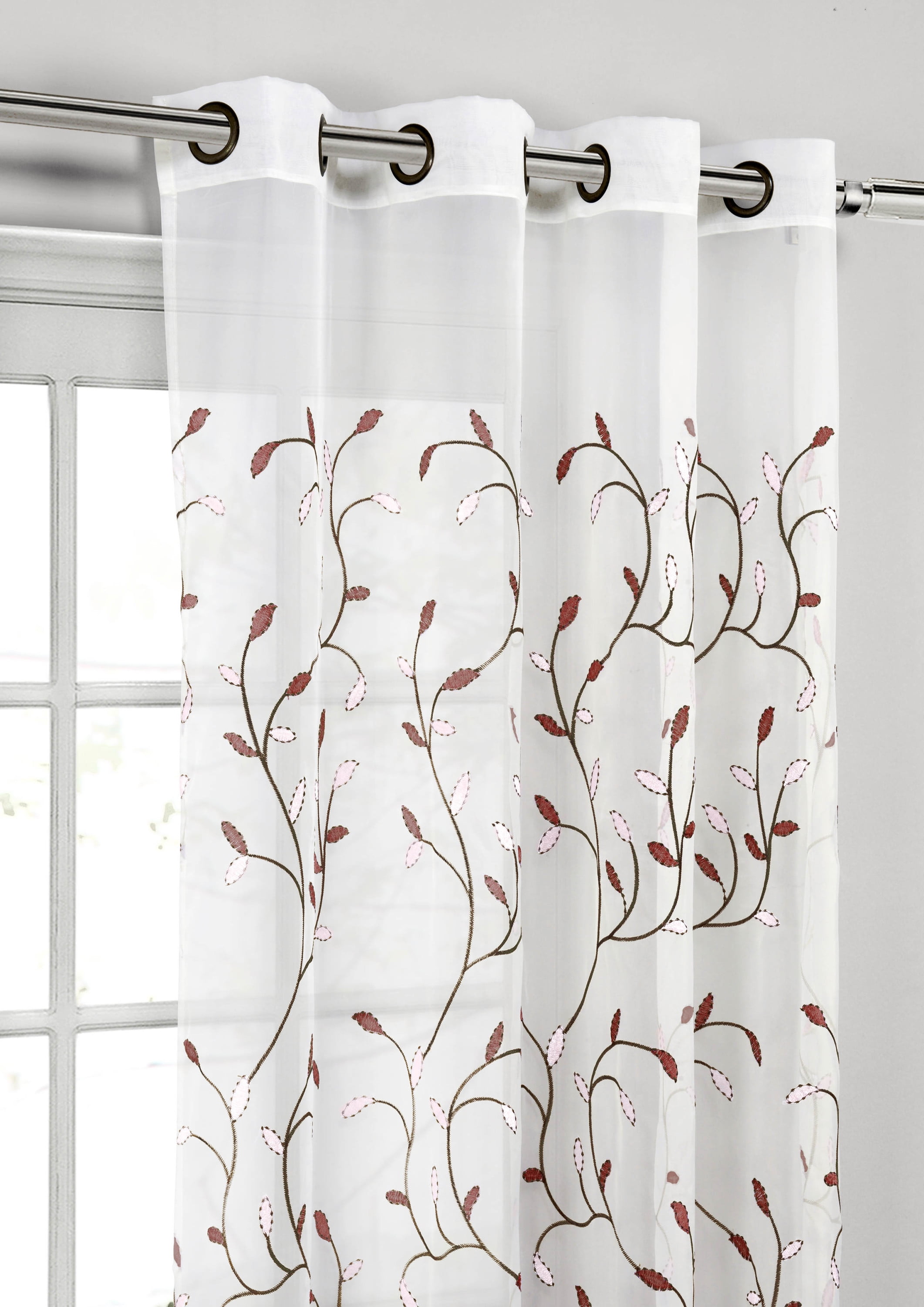 Grommet Curtain Panel, Embroidered Sheer Extra-Wide, Red 54" x 84"