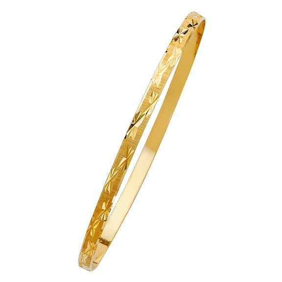 14k Yellow Gold Diamond-Cut 4mm Solid Bangle Bracelet - 7" or 8"