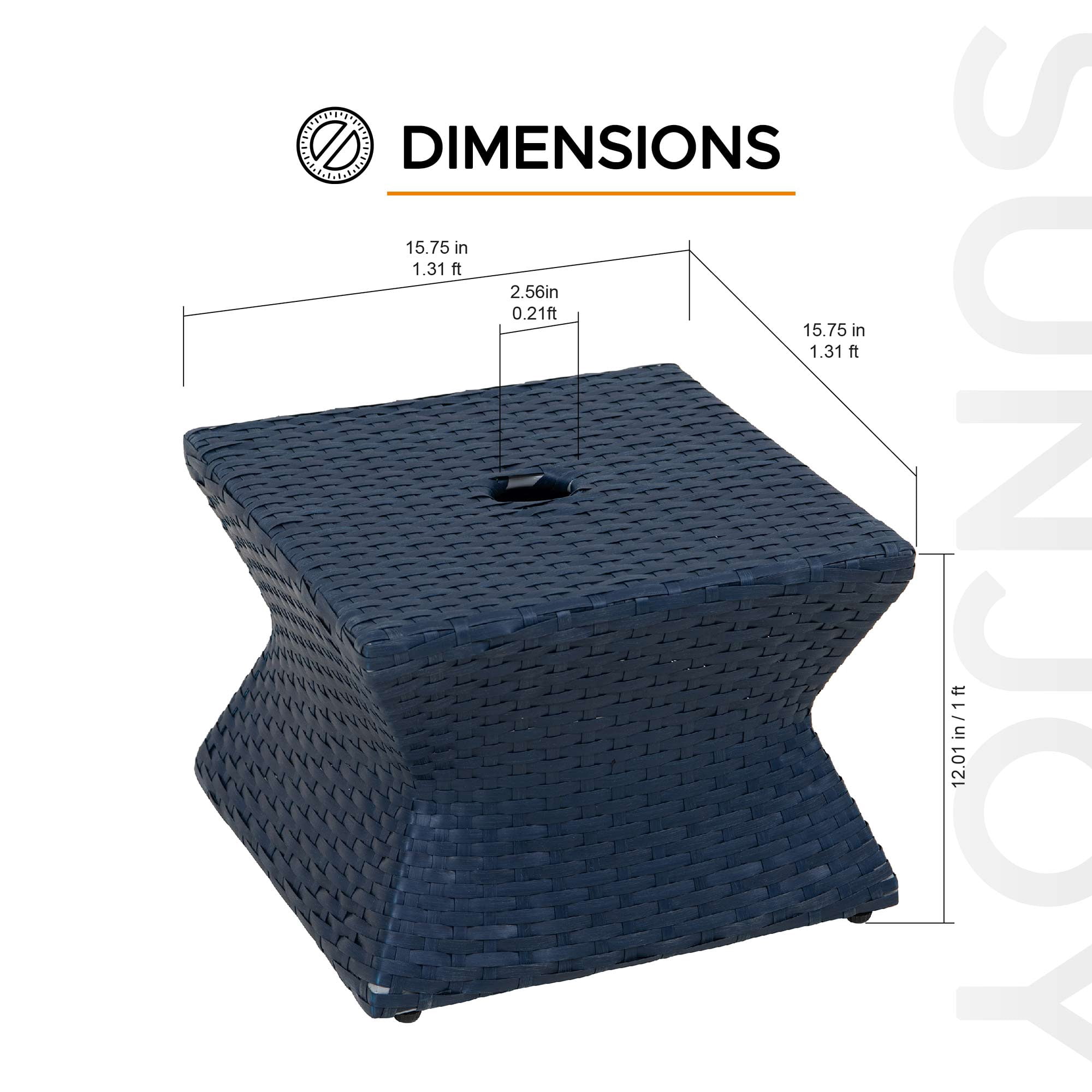 Outdoor Side Patio Table with Umbrella Hole, Sunjoy Poolside 16-Inch Rattan Wicker Square Combination Umbrella Stand Side Table, Navy