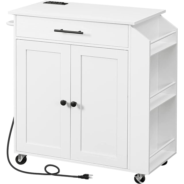 HOOBRO Kitchen Island with Power Outlet, Kitchen Storage Island with Spice Rack and Drawer, Rolling Kitchen Cart on Wheels, for Home, Kitchen and Dining Room, White and Natural WN82UZD01G1