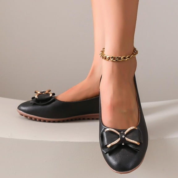 SYMOID Womens Black Ballet Flats - Faux Faux Leather Non-Slip Round Toe Slip-on Shoes with Metallic Bow, Comfortable Elegant Flats for Daily Wear, Work & Casual Outings,Size 38
