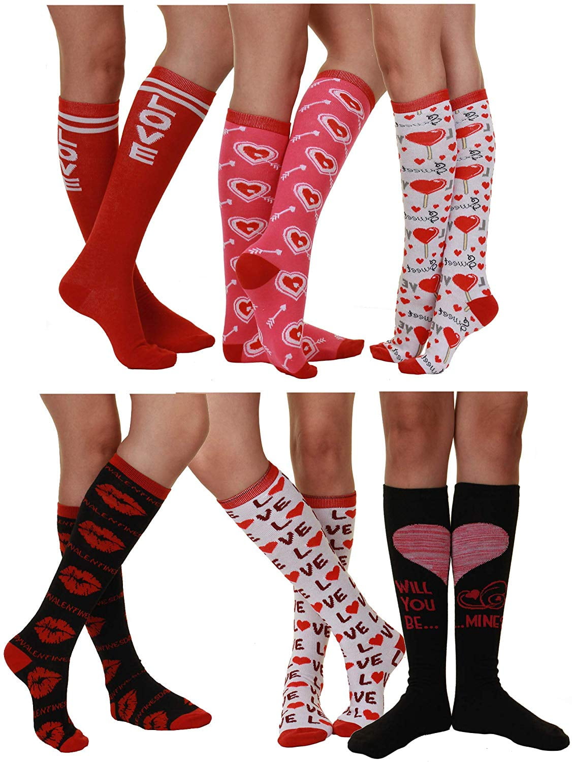 Gilbin Valentine's Day Soft Crew Socks Xoxo Kiss Hug Love Prints, Women's Size 9-11(6 Pairs) (Crew St2), Red