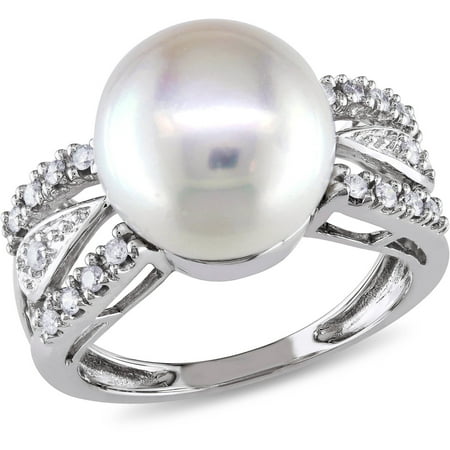 Miabella 10-10.5mm White Cultured Freshwater Pearl and 1/8 Carat T.W. Diamond 14kt White Gold Cocktail Ring
