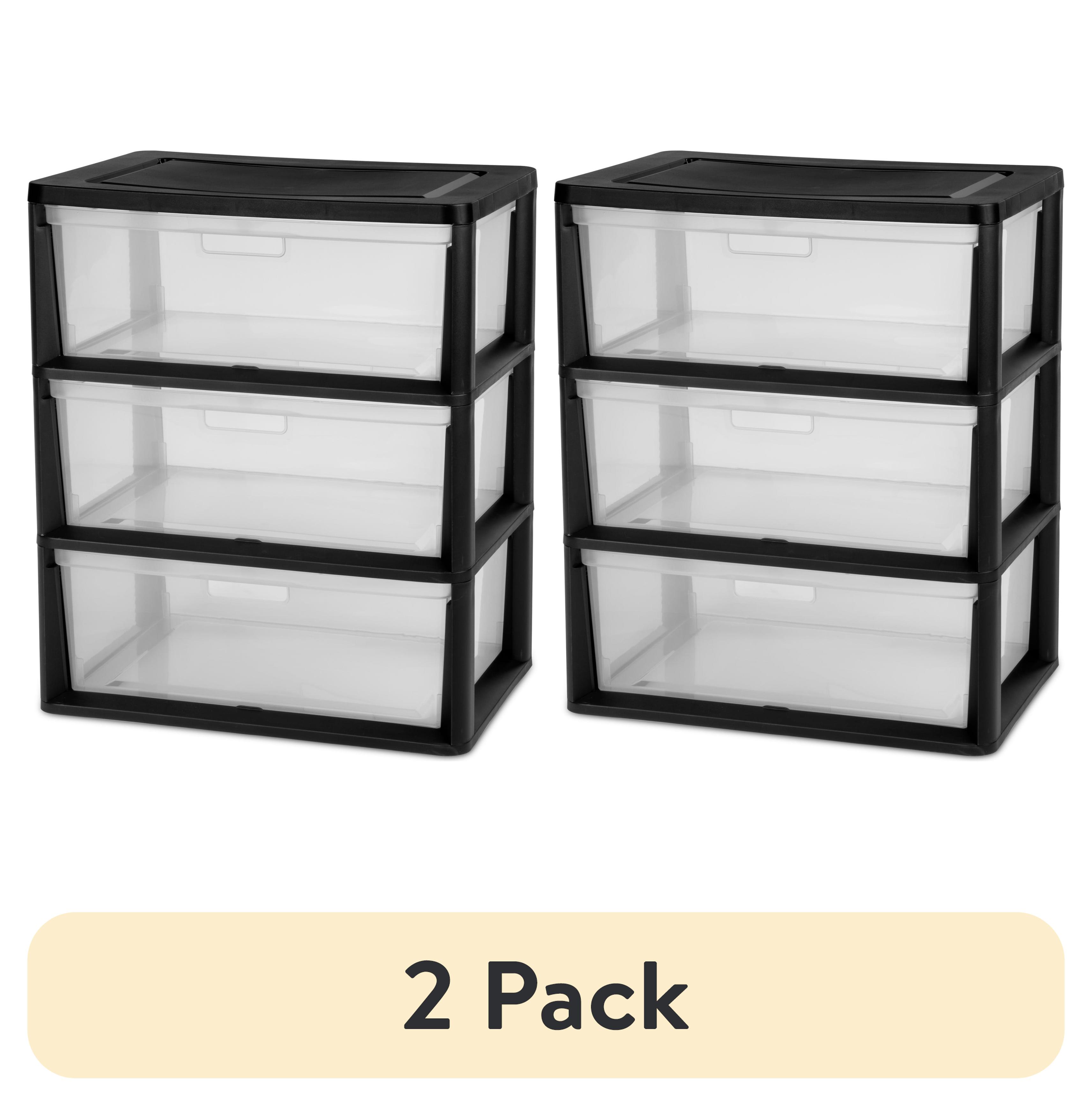 (2 pack) Sterilite Wide 3 Drawer Tower, Plastic Storage Organizer with Removable Clear Bins, Easy to Assemble - No Tools Needed, Black