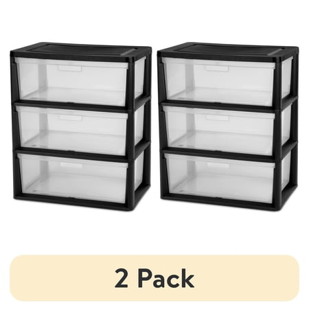 (2 pack) Sterilite Wide 3 Drawer Tower, Plastic Storage Organizer with Removable Clear Bins, Easy to Assemble - No Tools Needed, Black