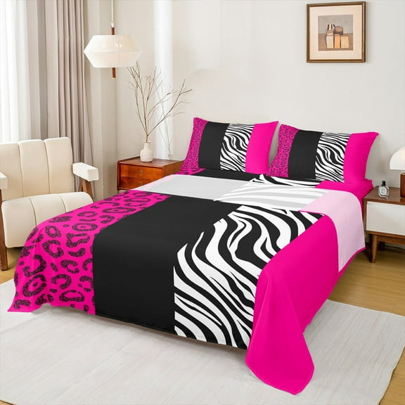 Manfei Chic Leopard Print Twin Sheet Sets for Female, Cheetah Zebra Animal Twin Fitted Sheet, Black Pink Geometric Flat Sheet, Ultra Soft Home Decor, 3pcs