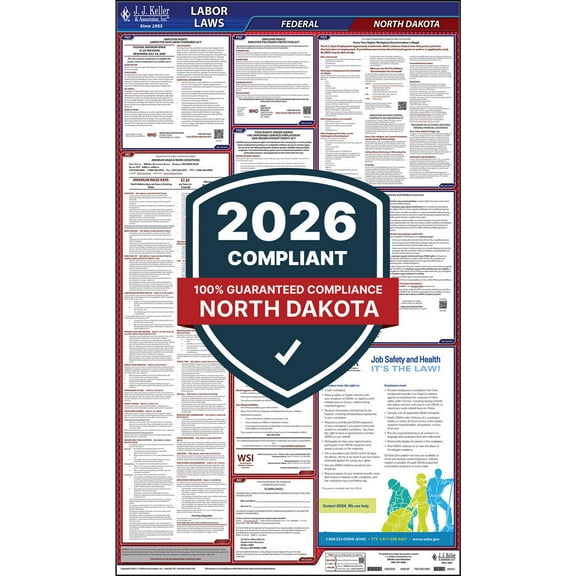 2025 North Dakota Labor Law Poster, All-in-One Compliant ND State & Federal Laminated Poster (24" x 40" English)