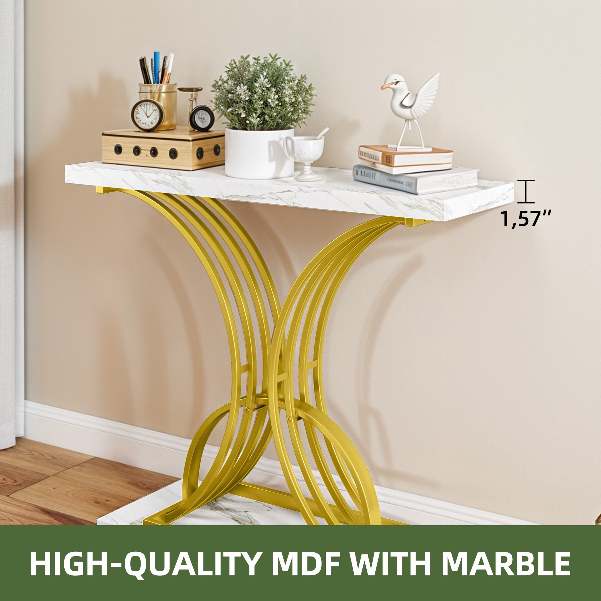 Uforic Luxury Console Entryway Table with Metal Base, Sofa Side Table, White & Gold