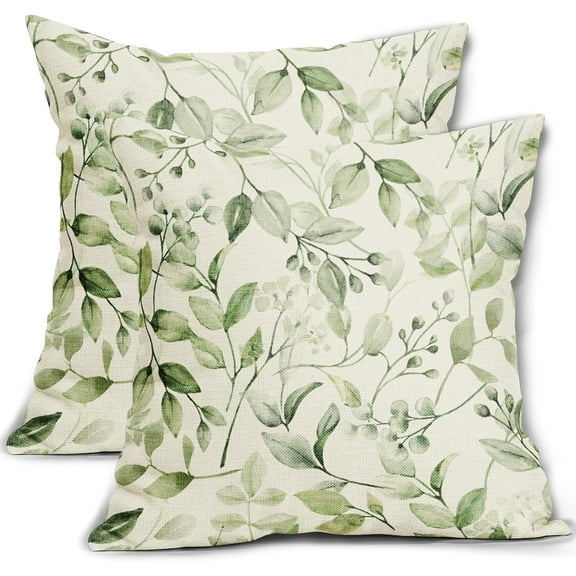 Spring Leaf Pillow Covers 18x18 Set of 2 Rustic Watercolor Sage Green Leaves Flower Print Vintage Decorative Outdoor Throw Pillows Holiday Cushion Covers Farmhouse Decor for Couch Sofa Bed