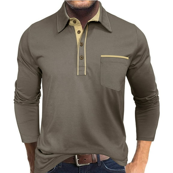 CharmCyan Men's Long Sleeve Polo Shirt with Contrast Collar and Pocket, Classic Casual Button Down Tops for Daily Wear, Comfortable Stretch Fabric Army Green L