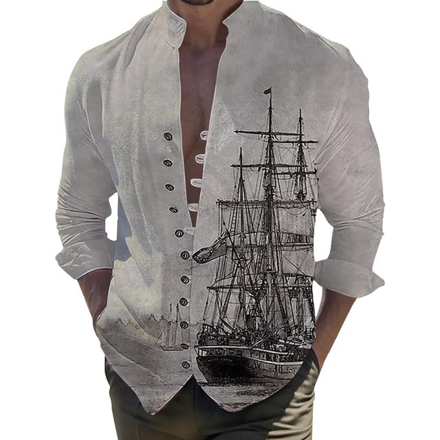 XDZJLR Chemise Homme Impression Numérique 3D Bateau Poche Boucle Col à Revers Manches Courtes
