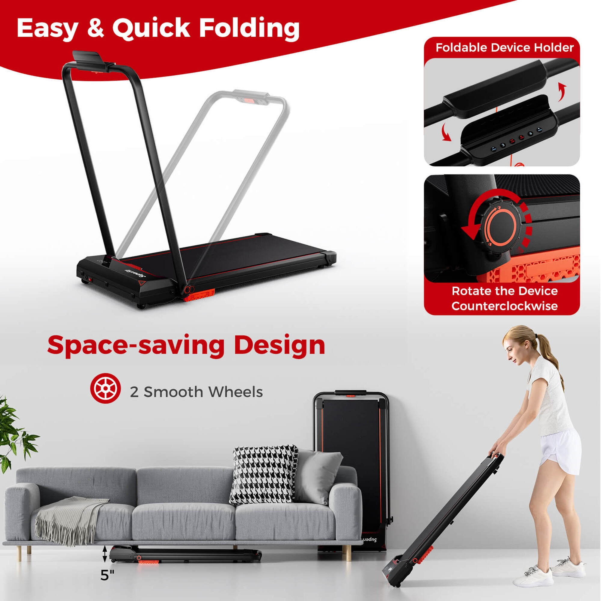 Costway 3 in 1 Folding Treadmill with Remote Control LED Display and APP for Home Red