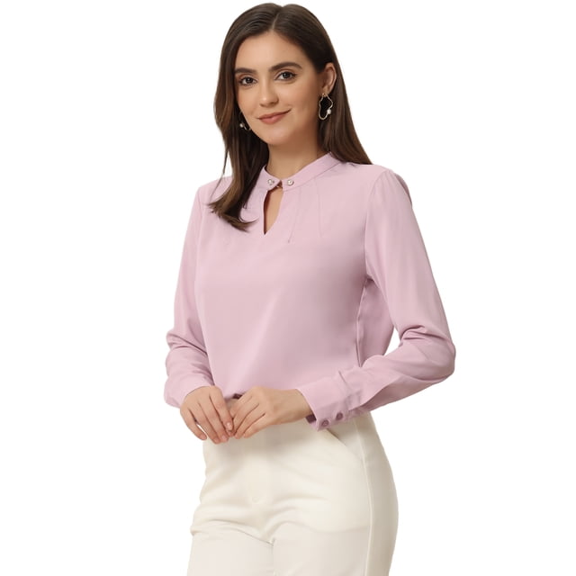 Blusa de trabajo elegante con decoración de perlas y cuello falso plisado para mujer Rosa S