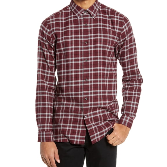 Theory Mens Plaid Button Up Shirt, Red, Large