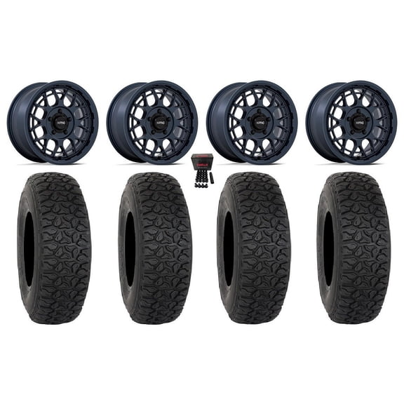 KMC Technic 15" Wheels Blue 33" DX440 Tires Polaris RZR Turbo R & Pro R Ranger 1500 Xpedition