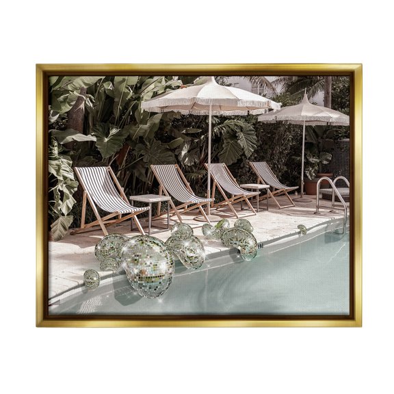 Stupell Industries Disco Balls at Pool Nature Painting Gold Floater Framed Canvas Art Print Wall Art, 31 x 25