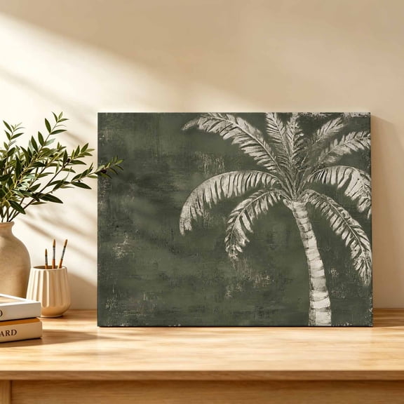 Tropical Green Palm Canvas Wall Art, Summer Country Vintage Farmhouse Tree Leaf Wall Art Prints Artwork Framed Canvas Ready to Hang Art Pictures for Bathroom, Dressing Table, Entryway 12" x 8"