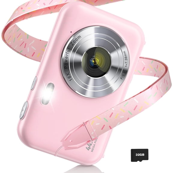 Newest Digital Camera with Neck Lanyard, FHD 1080P Kids Camera, 32GB Card (Pink)