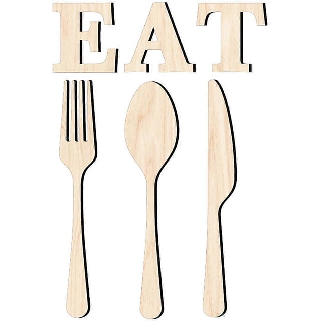 Kitchen Wall Signs Eat Utensils Decorative for Hotel Beige Wood 1 Set