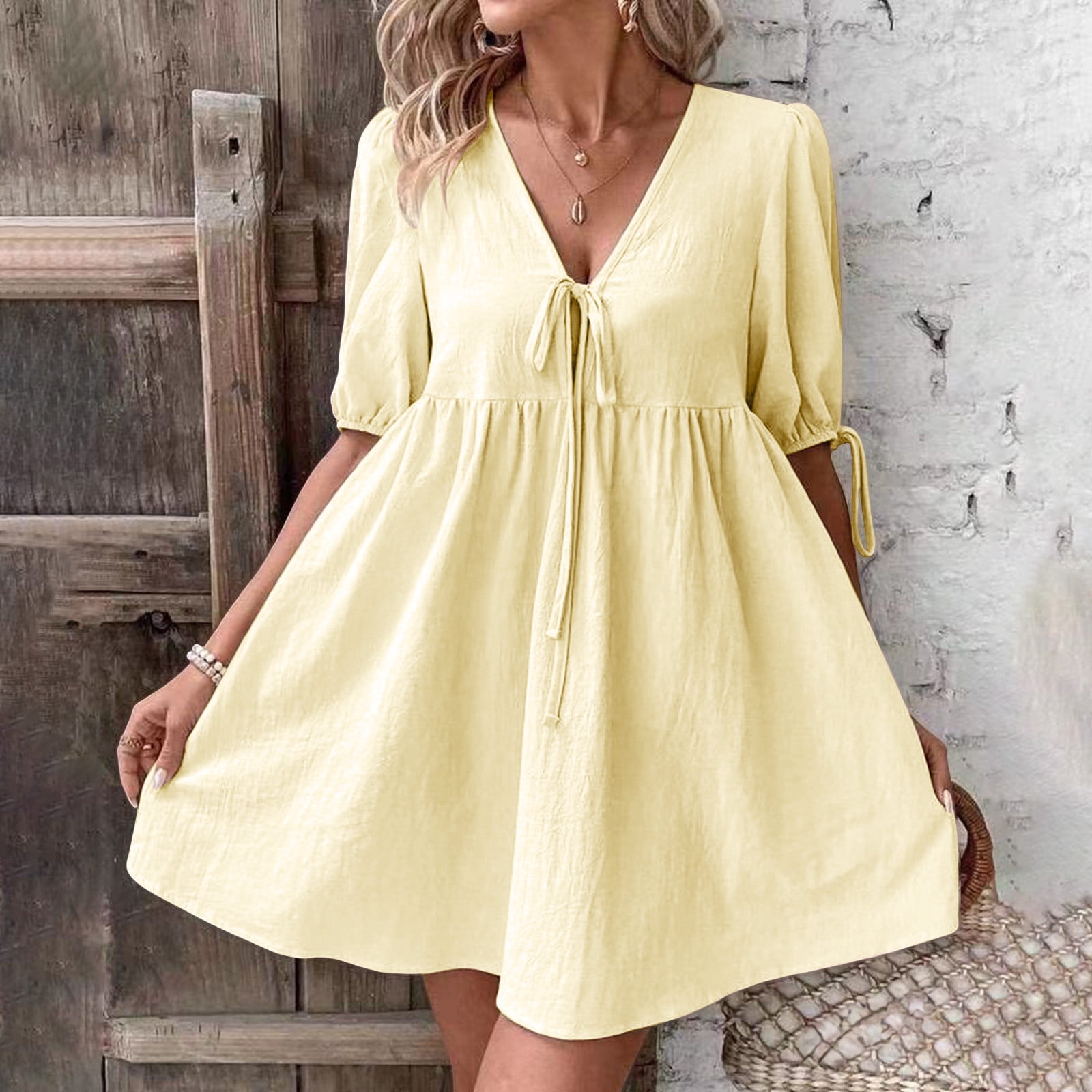 LVHAOGJOB Dress for Women Flowy A Line Mini Dress Sleeveless Graphic Yellow Boho Summer Ladies Sundress Swing