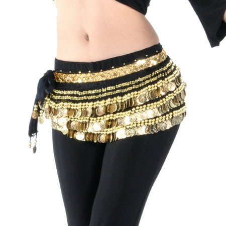 BellyLady Multi-Row Gold Coins Belly Dance Skirt Wrap & Hip Scarf, Gift Idea-Black