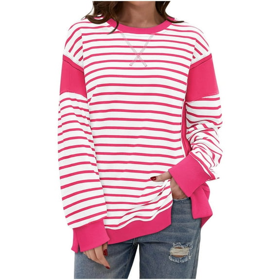 Lenpel Women's Crew Neck Sweatshirts Long Sleeve Striped Color Block Side Split Pullover Tops Loose Fashion Outfits