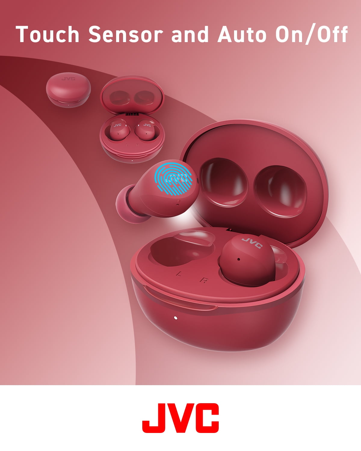 JVC Compact and Lightweight Gumy Mini True Wireless Earbuds Headphones, Long Battery Life (up to 23 Hours), Sound with Neodymium Magnet Driver, Water Resistance (IPX4) - HAA6TR (Red)