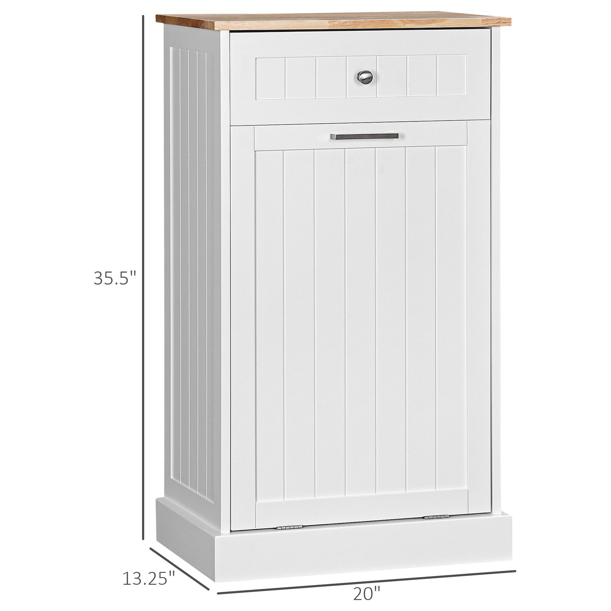 Tilt Out Trash Bin Cabinet with Drawer, Free Standing Recycling Can Holder, MDF and Wood, 20 in W x 13.25 in D x 35.5 in H, 10 Gallon Capacity, White