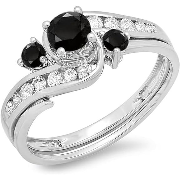 beryl_creation 1.15 Ct Round Cut Black & White Diamond Wedding Three Stone Bridal Ring Set 14K White Gold Plated 925 Sterling Silver For Women's -7.5