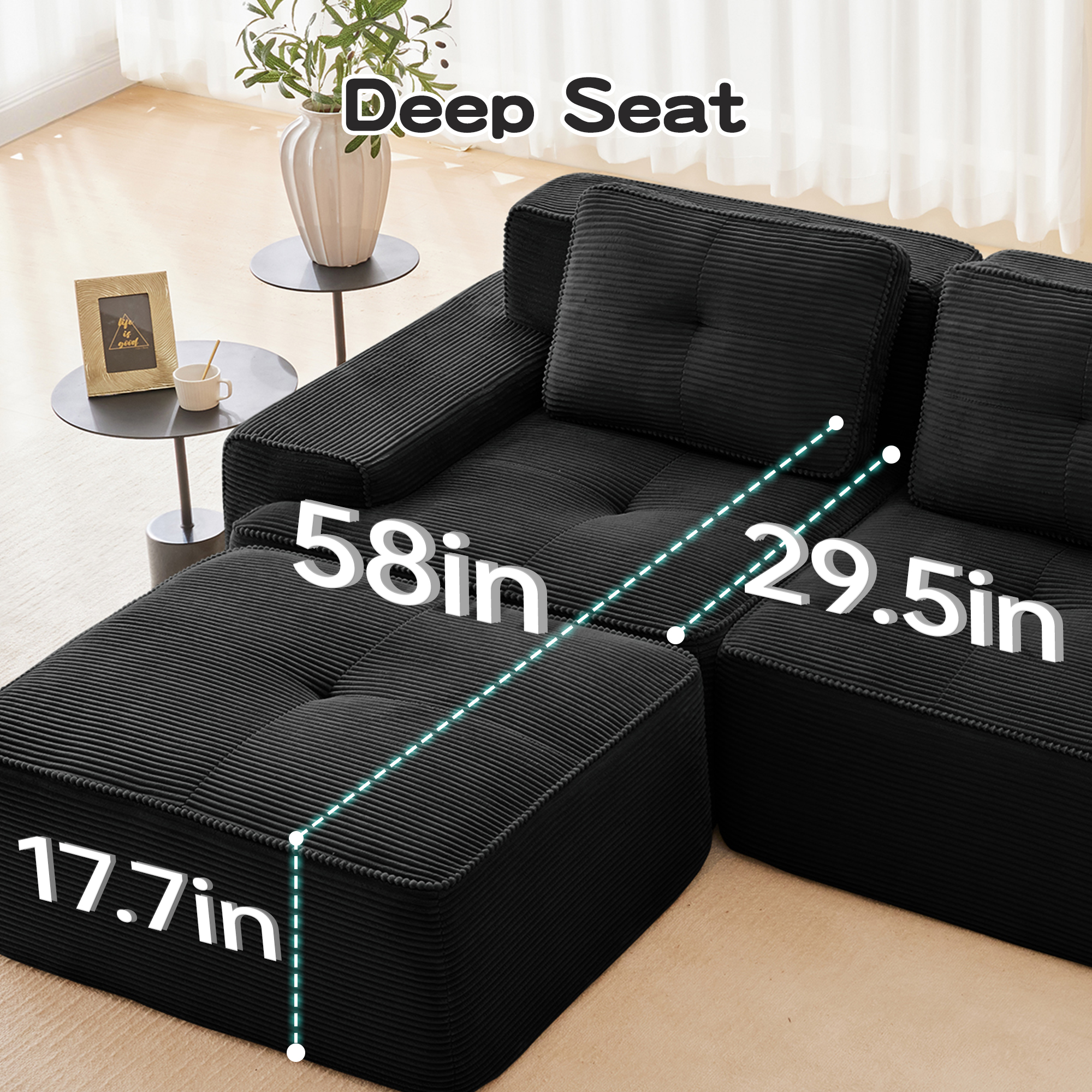 Aukfa 5-Piece Tufted Modular Corduroy Sectional Sofa with 2 Ottomans for Living Room, 29.5" Deep Seat, Black