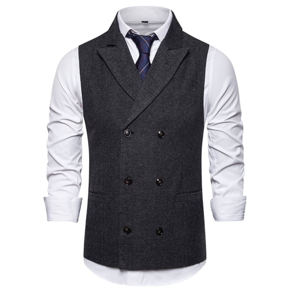 Miluxas Men's Waistcoat Slim Fit Tweed Wool Herringbone V Neck Double Breasted formal Vest for Wedding Groomsmen Dark Gray