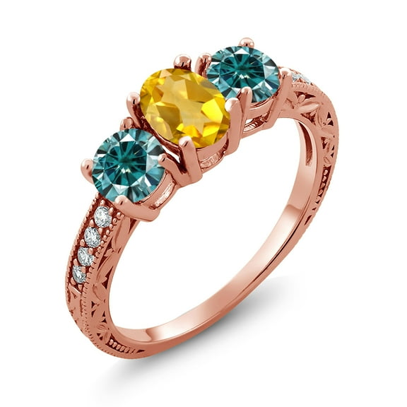 Gem Stone King 18K Rose Gold Plated Silver Ring Oval Citrine Blue Moissanite (1.87 Cttw) (Size 9)