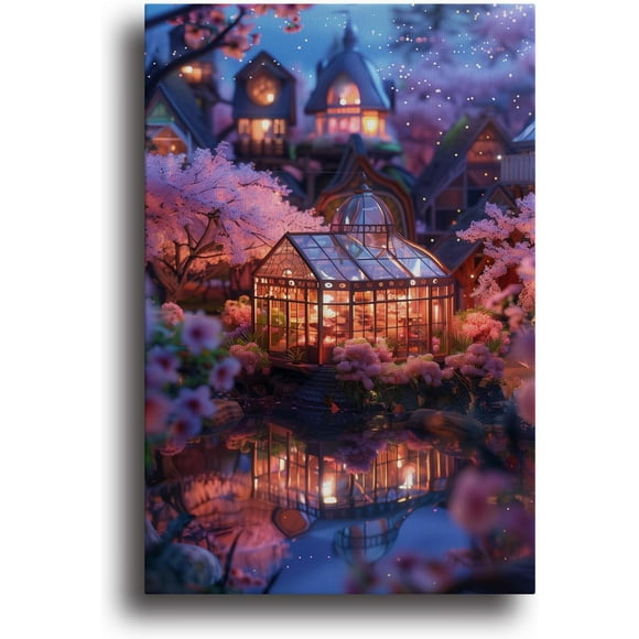 Canvas Wall Art Decor,Cottages and cherry blossom trees Landscape Wall Art Prints, Canvas Painting Wall Decor, Bedroom Wall Decor, Room Decor - 8x12 inch Unframed