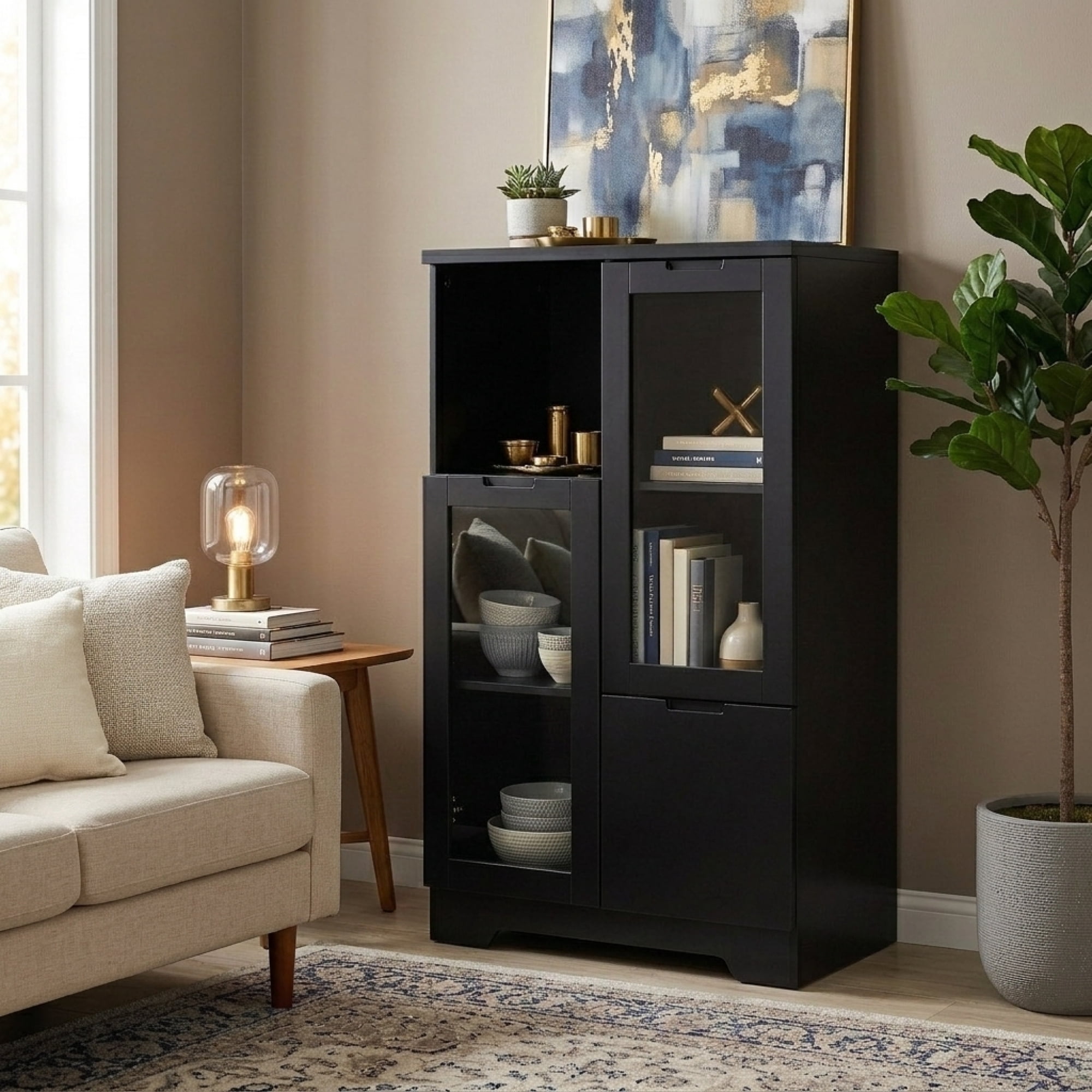 Leumius Sideboard Cabinet with Storage,Buffet Cabinet with Glass Doors & Drawer,Open Storage Cabinet for Living room,Black
