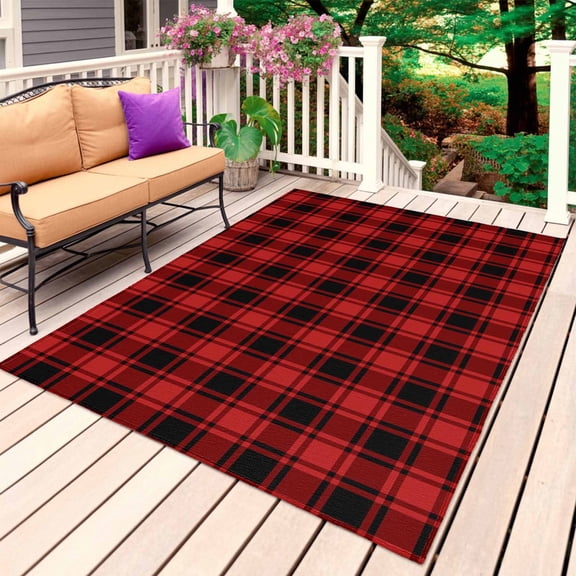 Red Black Plaid Outdoor Rug for Patio/Deck/Porch, Non-Slip Large Area Rug 3 x 5 Ft, Vintage Farmhouse Abstract Buffalo Check Indoor Outdoor Rugs Washable Area Rugs, Camping Rug Carpet Runner