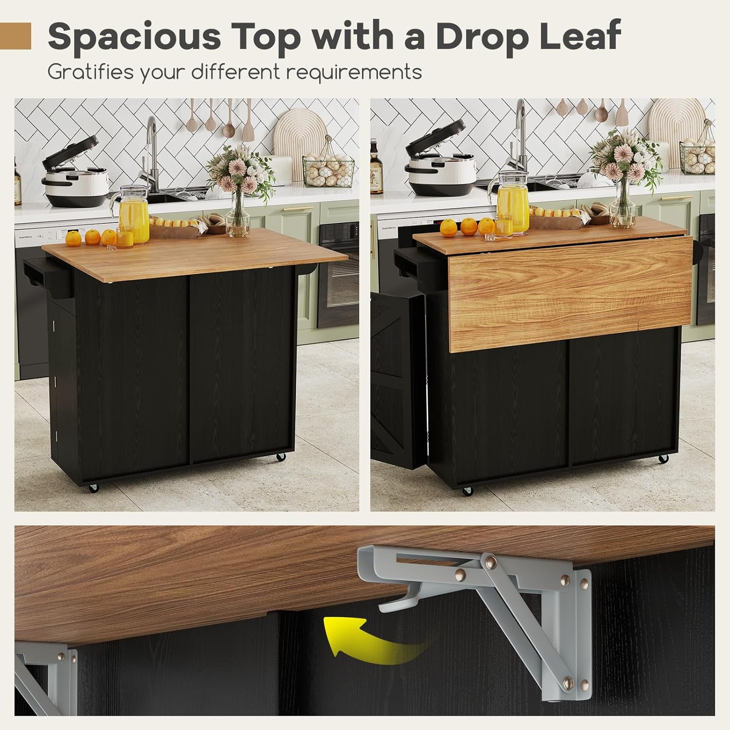 SILKYDRY Rolling Kitchen Island with Trash Can Storage Cabinet, Drop Leaf Breakfast Bar Table, Towel Holder, 2 Drawers & Door Racks, 4 Rubber Wheels, Wood Island Table for Kitchen (Black)