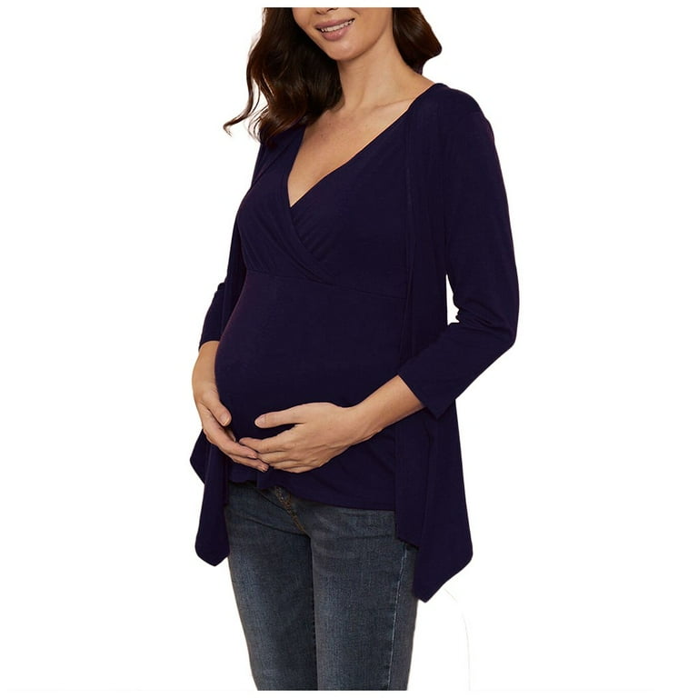 Pregnancy Women Spring and Autumn Long Sleeve Breastfeeding Clothes Fashionable Versatile Solid V neck T shirt Casual Loose Nursing Top for Maternity