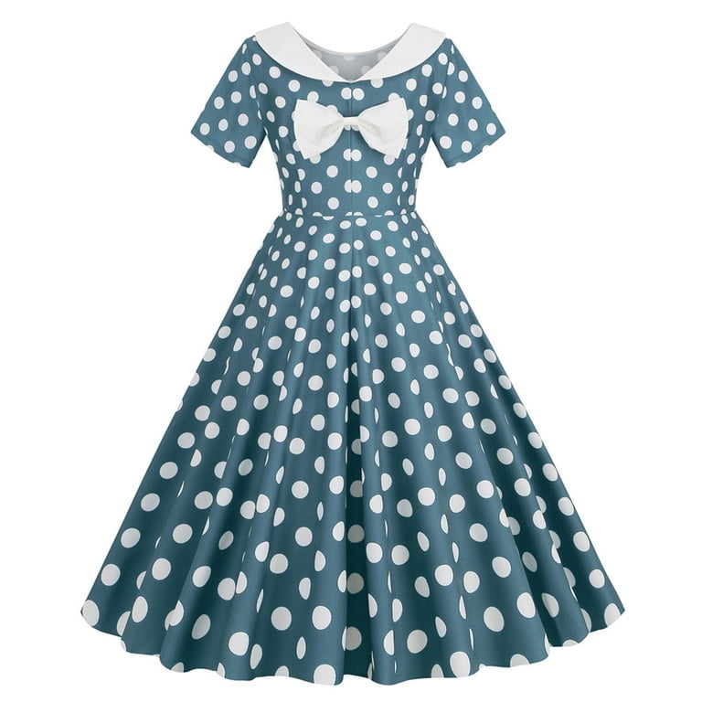 LYEAA A Line Dresses for Women 2024 Polka Dots Short Sleeve Collared Bow Midi Dress Elegant Dress High Waist Dress 1950s Vintage Holiday Party Club Dress Ball Gown Wedding Guest Dress Green