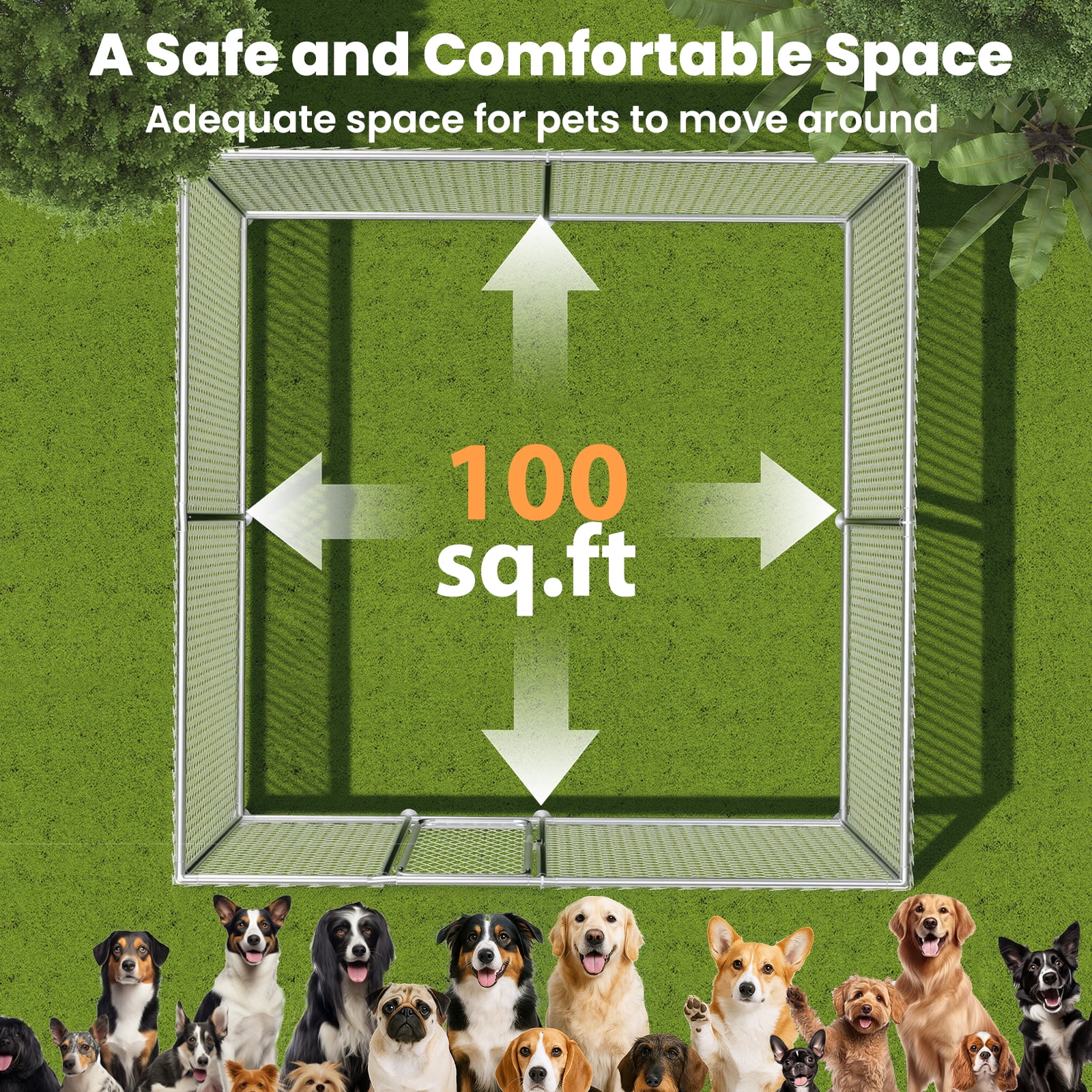 YOKWOK 10x10ft Outdoor Dog Kennel Heavy Duty Metal Dog Pet Enclosure, with Galvanized Steel Fence and Metal Gate, UV Waterproof Sun Resistant Roof Cover and Secure Lock