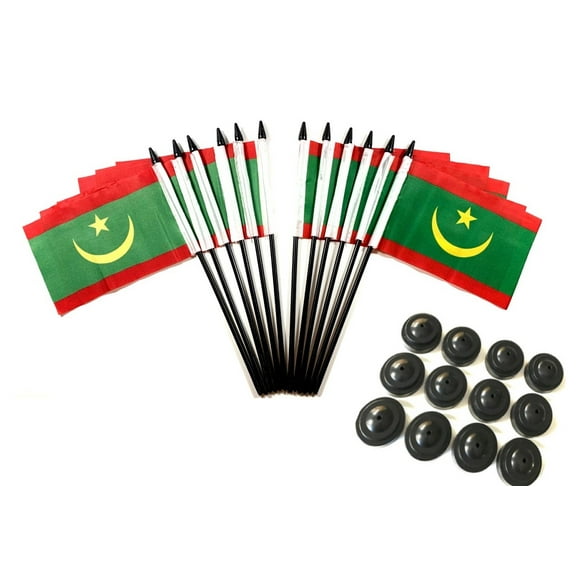 Pack of 12 4"x6" Mauritania Polyester Miniature Office Desk & Little Table Flags, 1 Dozen 4"x 6" Mauritania Small Mini Handheld Waving Stick Flags with 12 Flag Bases (Flags with Stands)